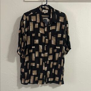 Vintage Black and Tan Geometric Button Down Hawaiian Short Sleeve Shirt